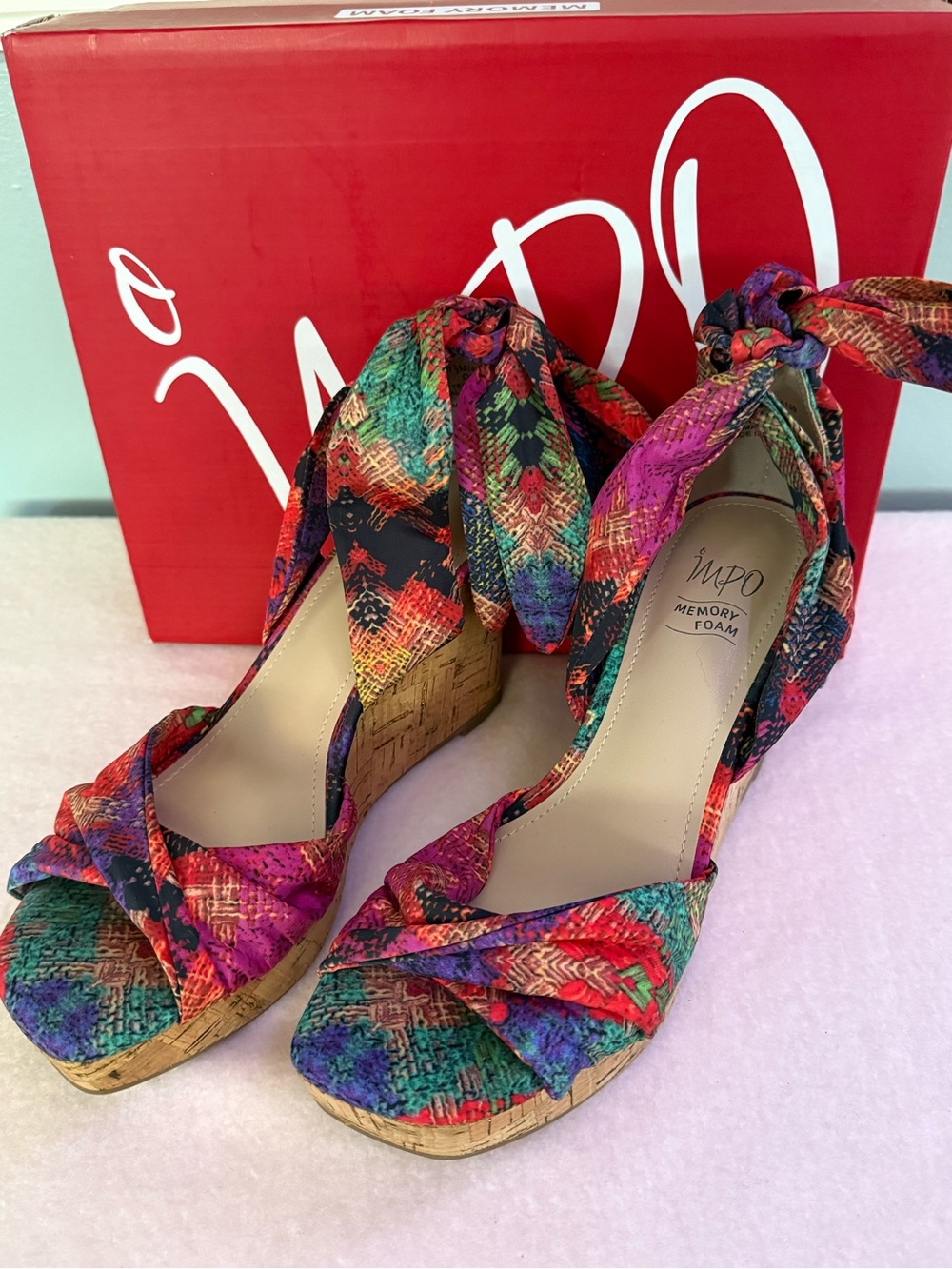 Impo Multicolor Ankle-Tie Cork Wedge Sandals 7.5